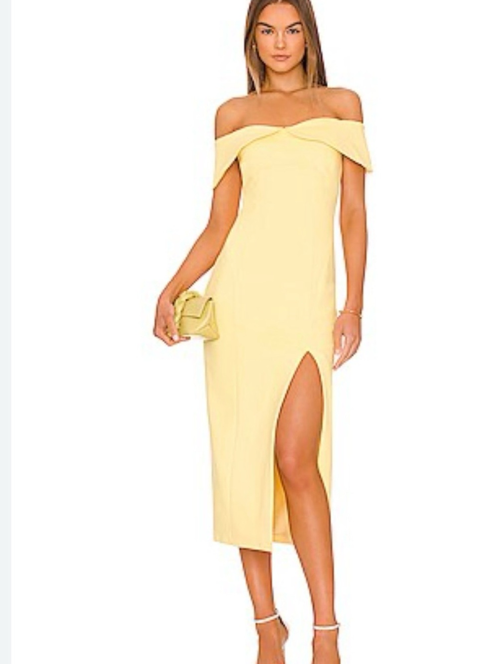 Elliatt Pale Yellow Off-Shoulder Midi Dress with High Slit
